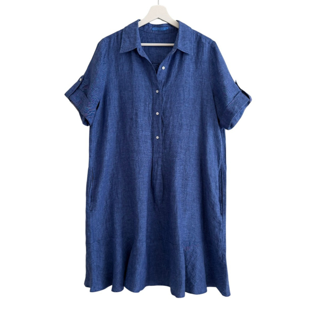 J.McLaughlin Wellesley Shirt Dress XL Blue Linen Tab Sleeve Point Collar Mini